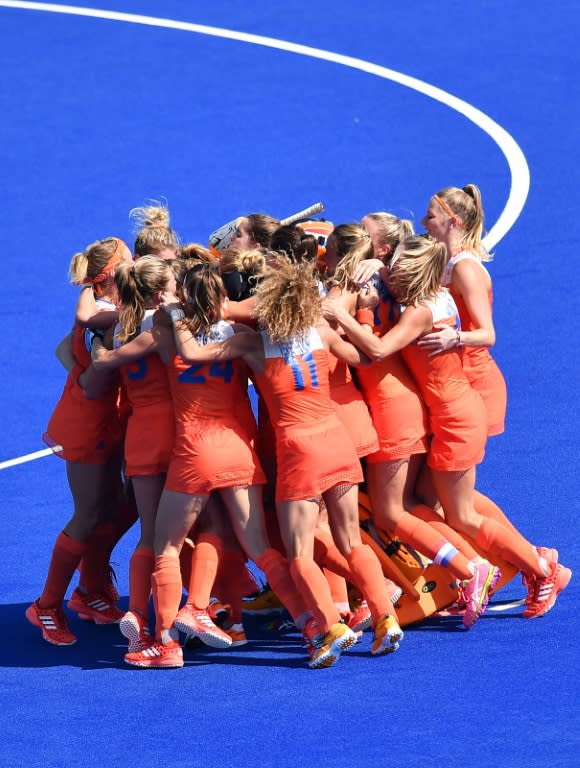 Netherlands players celebrate after winning the penalty shoot-out against Germany in Rio on August 17, 2016