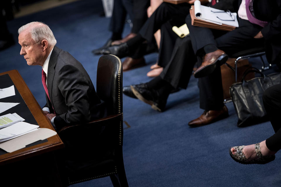 <p>Attorney General Jeff Sessions testifies during a US Senate Select Committee on Intelligence hearing on Capitol Hill in Washington, DC, June 13, 2017. (Brendan Smialowski/AFP/Getty Images) </p>