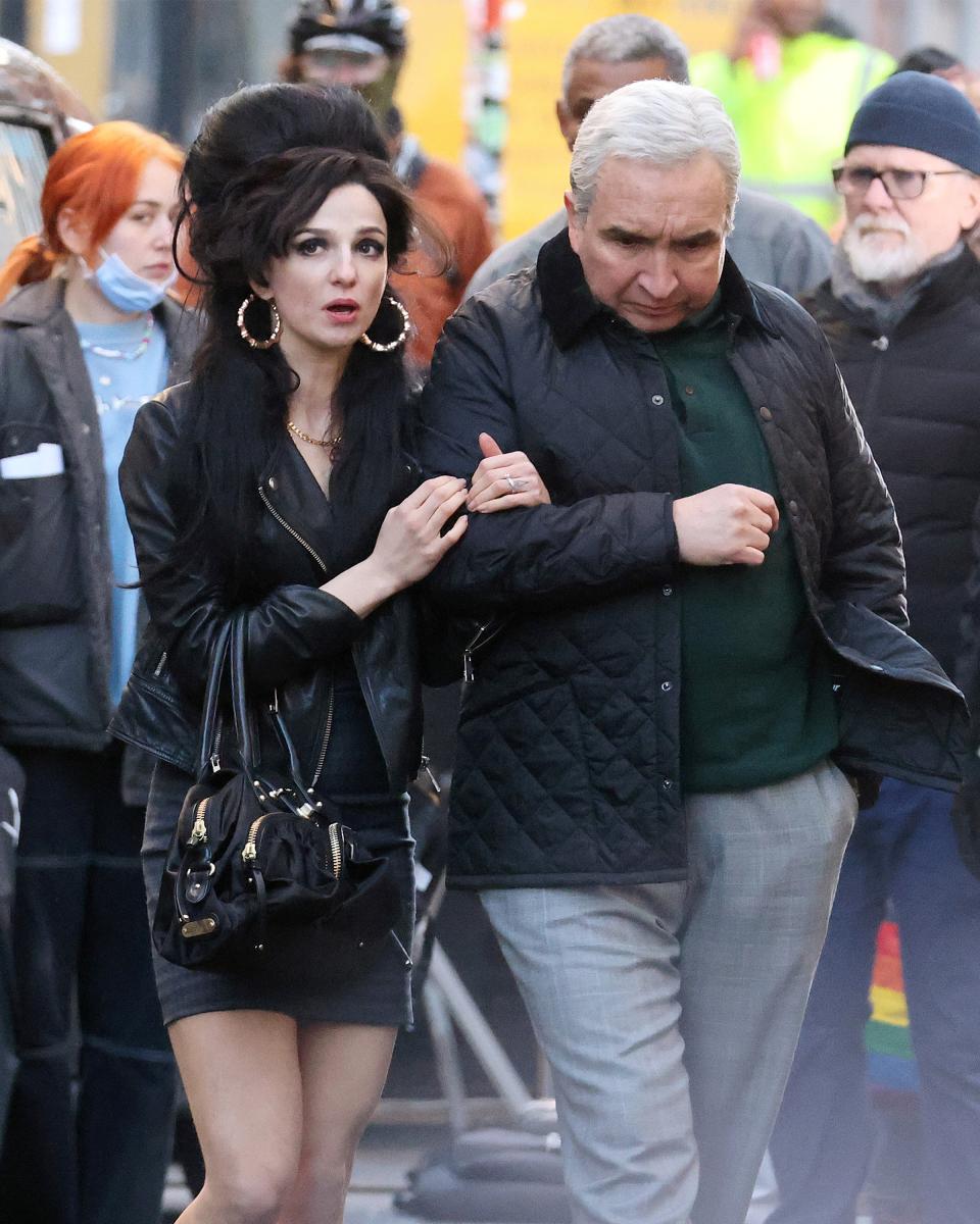 Marisa Abela and Eddie Marsan filming *Back to Black* in London on January 16, 2023