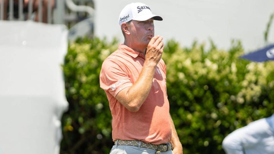 Lucas Glover kisses his ball before starting off on the first hole during the second round of the RBC Heritage Presented by Boeing at Harbour Town Golf Links on Friday, April 19, 2024 in Sea Pines on Hilton Head Island.