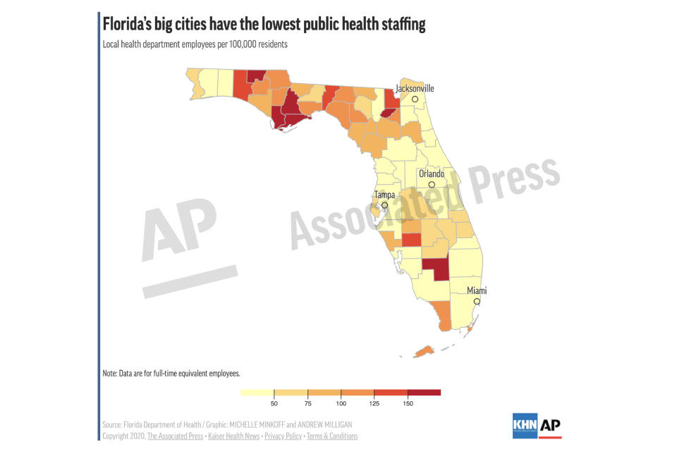 This preview image of an AP digital embed shows the distribution of full-time health department workers by county.