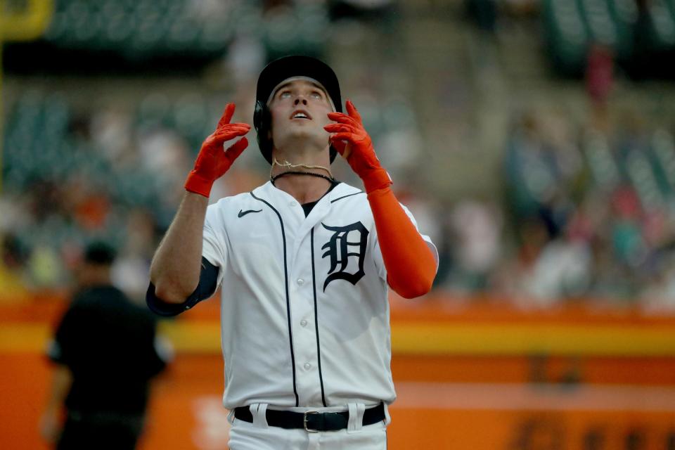 Detroit Tigers right fielder Kerry Carpenter (30) homers against Chicago Cubs starter Javier Assad (72) during sixth-inning action at Comerica Park in Detroit on Monday, Aug. 21, 2023.