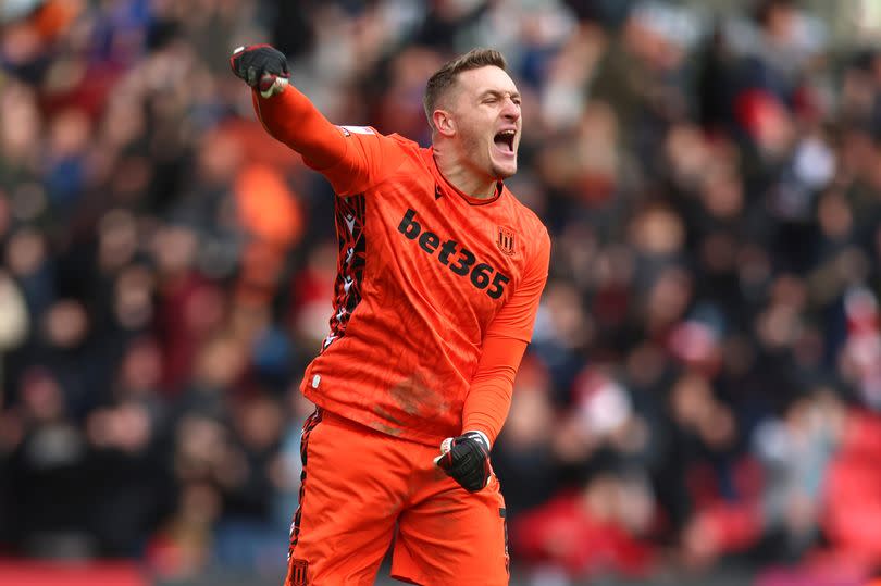 Daniel Iversen of Stoke City celebrates after Bae Jun-Ho score their first goal during the Sky Bet Championship match between Stoke City and Middlesbrough at Bet365 Stadium