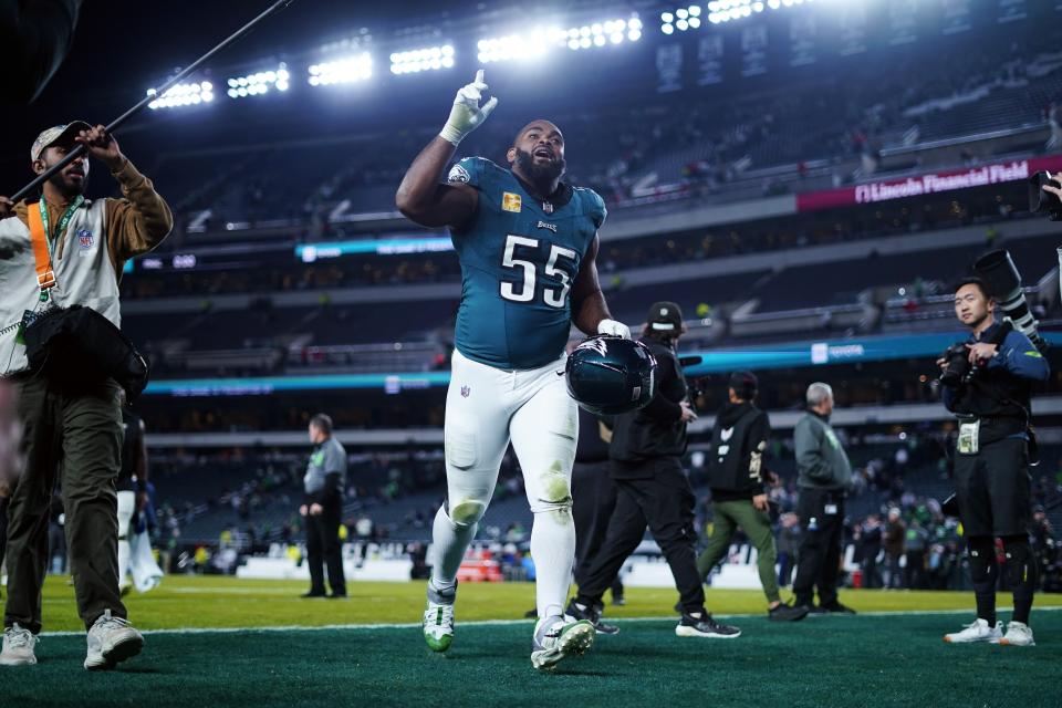 Philadelphia Eagles defensive end Brandon Graham (55) leaves the field after an NFL football game against the Dallas Cowboys on Sunday, Nov. 5, 2023, in Philadelphia. (AP Photo/Matt Rourke)