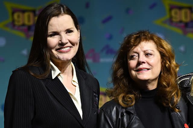 <p>Stephen Lovekin/Shutterstock</p> Geena Davis and Susan Sarandon on March 17, 2024