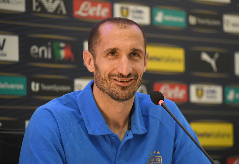 FLORENCE, ITALY - MAY 30: Giorgio Chiellini of Italy speaks with the media during a press conference at Centro Tecnico Federale di Coverciano on May 30, 2022 in Florence, Italy. (Photo by Claudio Villa/Getty Images)