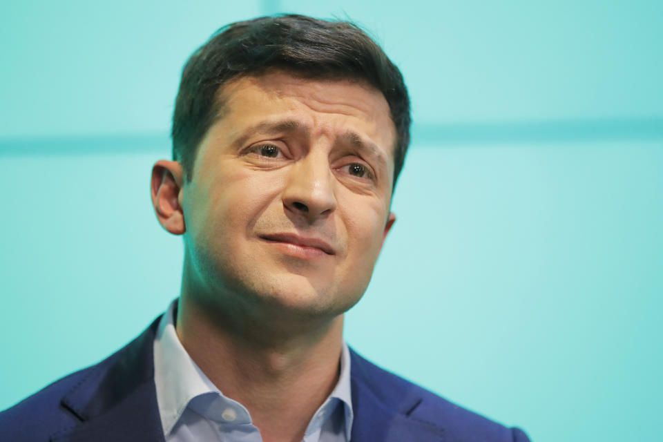 Ukrainian comedian and presidential candidate Volodymyr Zelenski speaks to his supporters at his headquarters after the second round of presidential elections in Kiev, Ukraine, Sunday, April 21, 2019. Ukrainians voted on Sunday in a presidential runoff as the nation's incumbent leader struggles to fend off a strong challenge by a comedian who denounces corruption and plays the role of president in a TV sitcom. (AP Photo/Vadim Ghirda)