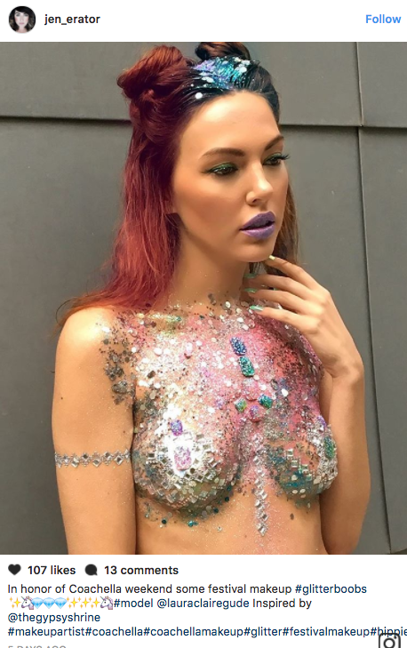 Going topless and covered in glitter and rhinestones is the newest beauty look happening at Coachella this year.