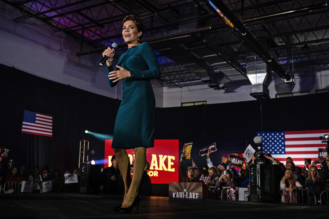 Kari Lake speaks at a rally in Scottsdale, Ariz., on Nov. 7, 2022. (Jon Cherry for NBC News)