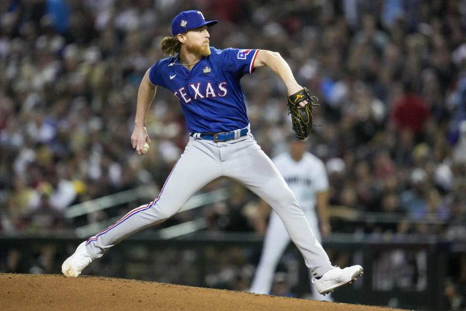 Texas Rangers starting pitcher Jon Gray throws against the Arizona Diamondbacks during the fourth inning in Game 3 of the baseball World Series Monday, Oct. 30, 2023, in Phoenix. (AP Photo/Godofredo A. Vásquez)