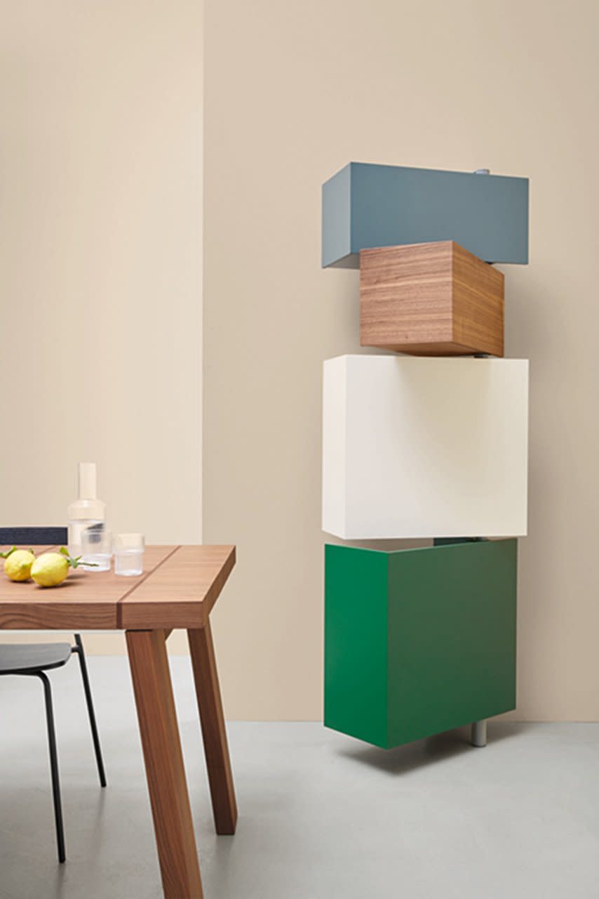 Mini version of Resource Furniture's modular Giralot storage unit.