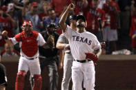 ARLINGTON, TX - OCTOBER 23: Neftali Feliz #30 of the Texas Rangers celebrates after defeating the St. Louis Cardinals 4-0 in Game Four of the MLB World Series at Rangers Ballpark in Arlington on October 23, 2011 in Arlington, Texas. (Photo by Ezra Shaw/Getty Images)