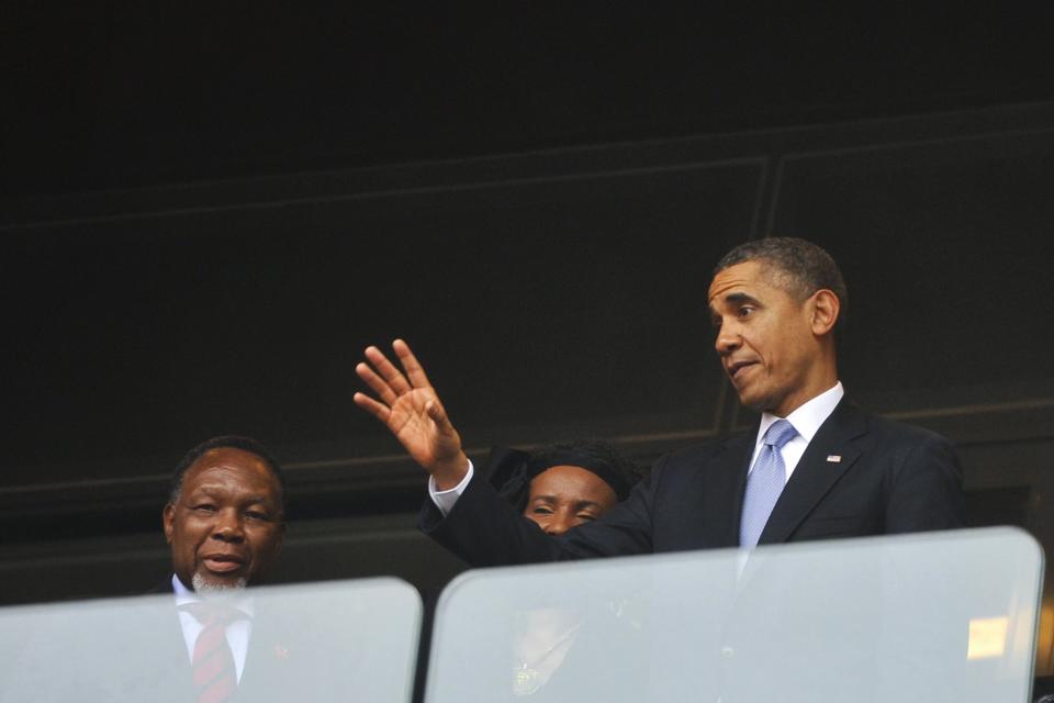 U.S. President Obama and South African Deputy President Motlanthe attend the Memorial Service for former South African President Mandela in Johannesburg