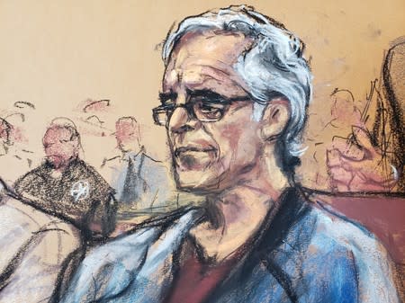 Jeffrey Epstein looks on during a a bail hearing in U.S. financier Jeffrey Epstein's sex trafficking case, in this court sketch in New York