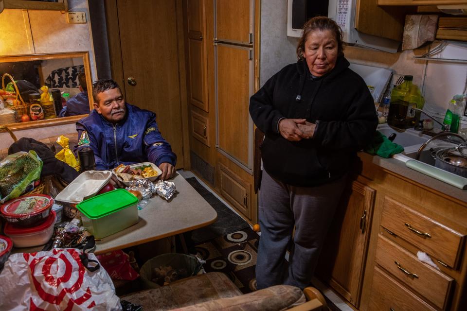 Miguel Soriano, 61 and his wife Maria Vasquez, 58, photographed in their RV at a Project WeHope safe parking lot.