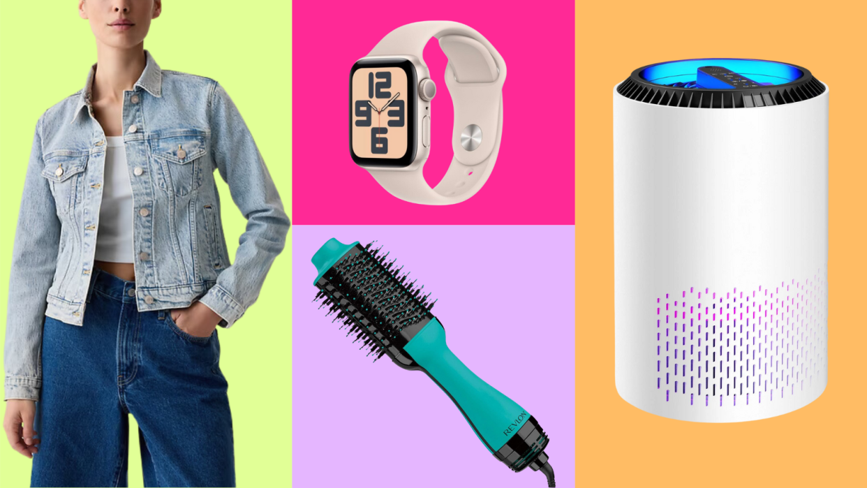 model wearing a Gap denim jacket, pink Apple watch, teal Revlon volumizing brush, air purifier, all on a colorful background
