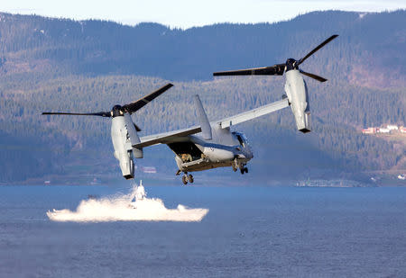 FILE PHOTO: A V-22 Osprey tiltrotor aircraft makes a pass during NATO's Exercise Trident Juncture, seen from Trondheim, Norway October 30, 2018. NTB Scanpix/Gorm Kallestad via REUTERS