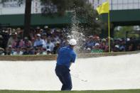 Jordan Spieth of the U.S. hits from a sand trap to the 7th green during second round play of the 2018 Masters golf tournament at the Augusta National Golf Club in Augusta, Georgia, U.S., April 6, 2018. REUTERS/Mike Segar