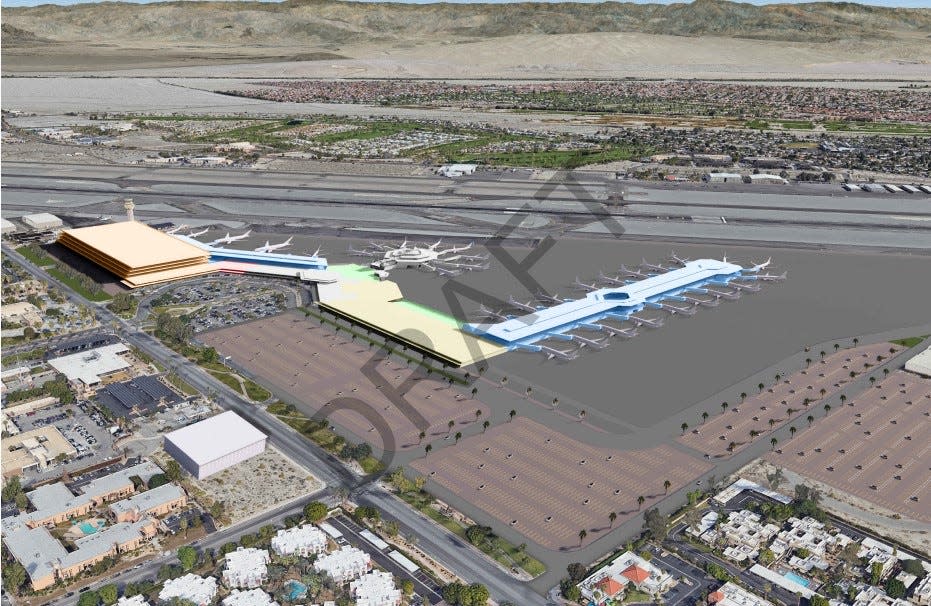 A draft rendering of the Palm Springs Airport Commission's preferred concept for airport expansion, as viewed from the air.