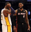 LOS ANGELES, CA - MARCH 04: LeBron James #6 of the Miami Heat and Kobe Bryant #24 of the Los Angeles Lakers talk before an inbound at Staples Center on March 4, 2012 in Los Angeles, California. NOTE TO USER: User expressly acknowledges and agrees that, by downloading and or using this photograph, User is consenting to the terms and conditions of the Getty Images License Agreement. (Photo by Harry How/Getty Images)