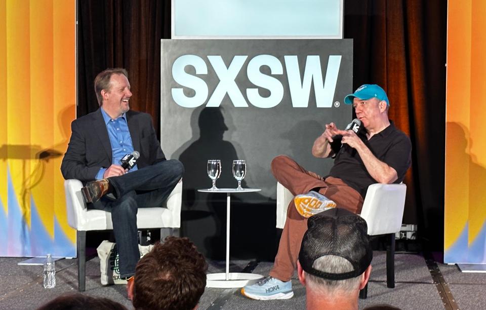 Actor Paul Giamatti, right, and philosophy professor Stephen Asma record one of the first episodes of their podcast "Chinwag" during a South by Southwest session on March 12.