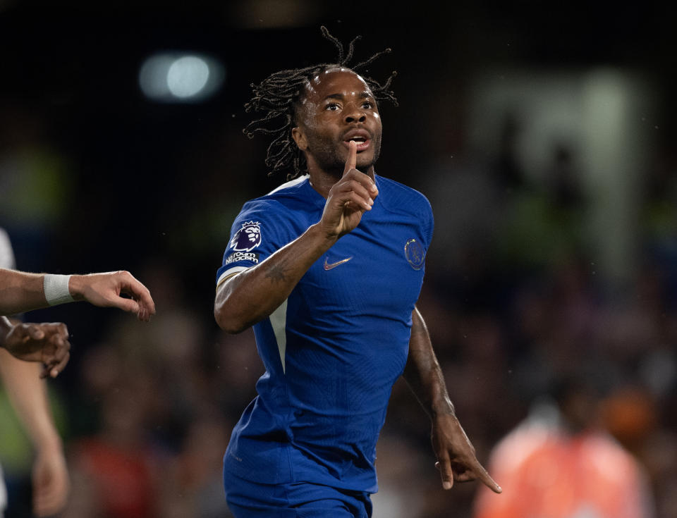 LONDON, ENGLAND - AUGUST 25: Raheem Sterling of Chelsea celebrates scoring his first goal during the Premier League match between Chelsea FC and Luton Town at Stamford Bridge on August 25, 2023 in London, England. (Photo by Joe Prior/Visionhaus via Getty Images)