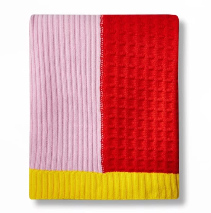 Textural Color Block Sweater Knit Throw Blanket Pink/Red/Yellow &#x002013; LEGO&#xae; Collection x Target - Credit: LEGO.