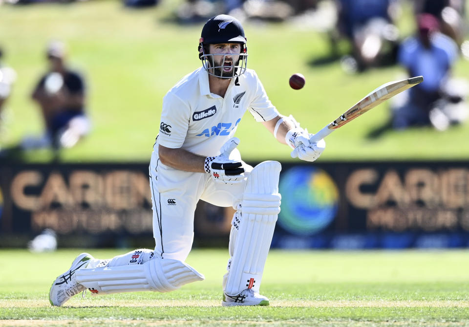 New Zealand's Kane Williamson reacts while during play on day one of the first cricket test between Pakistan and New Zealand at Bay Oval, Mount Maunganui, New Zealand, Saturday, Dec. 26, 2020. (Andrew Cornaga/Photosport via AP)