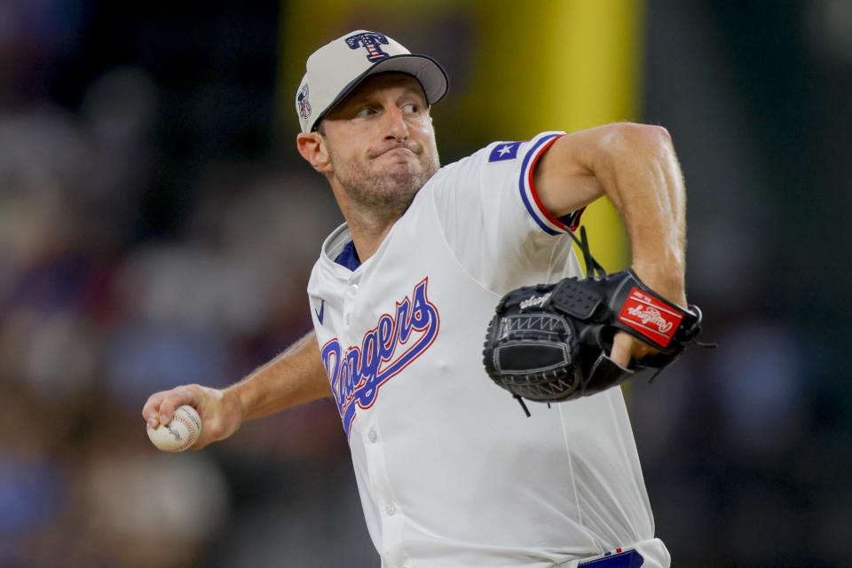 Texas Rangers starting pitcher Max Scherzer delivers during the first inning of a baseball game against the San Diego Padres, Thursday, July 4, 2024, in Arlington, Texas. (AP Photo/Gareth Patterson)