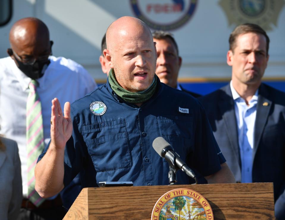 Noah Valenstein, secretary of the Florida Department of Environmental Protection, answers questions during a news conference Piney Point on Tuesday morning, April 13, 2031.  At the news conference, Gov. Ron DeSantis announced a plan to close down Piney Point.