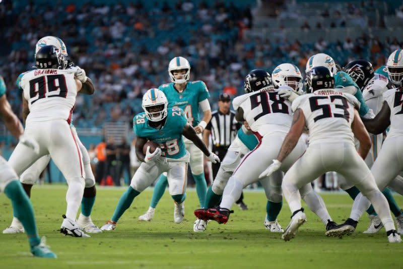 Miami Dolphins rookie De'Von Achane (C) scored the most fantasy points among running backs in Week 3, through Sunday's games. Photo by Peter McMahon/Miami Dolphins