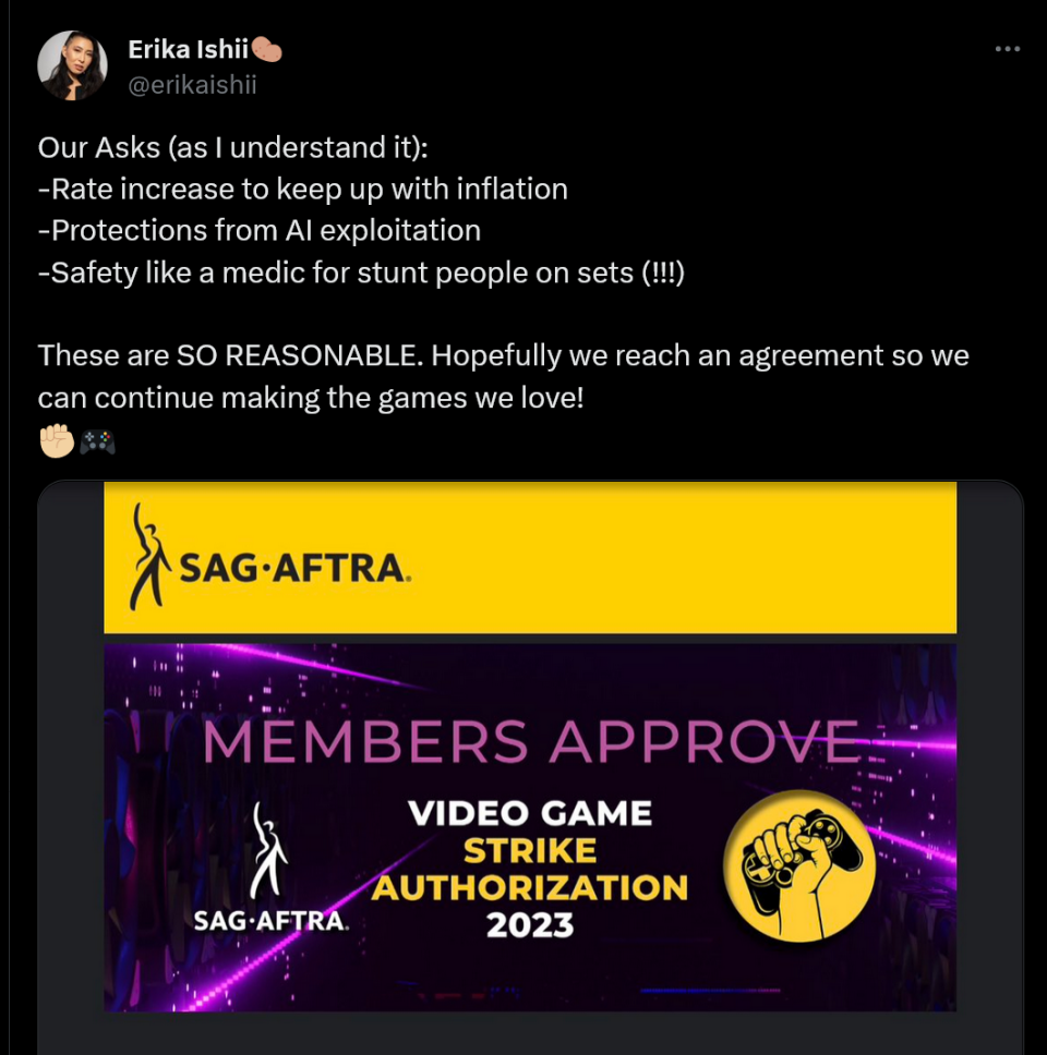 Our Asks (as I understand it): -Rate increase to keep up with inflation -Protections from AI exploitation -Safety like a medic for stunt people on sets (!!!)   These are SO REASONABLE. Hopefully we reach an agreement so we can continue making the games we love!  ✊����