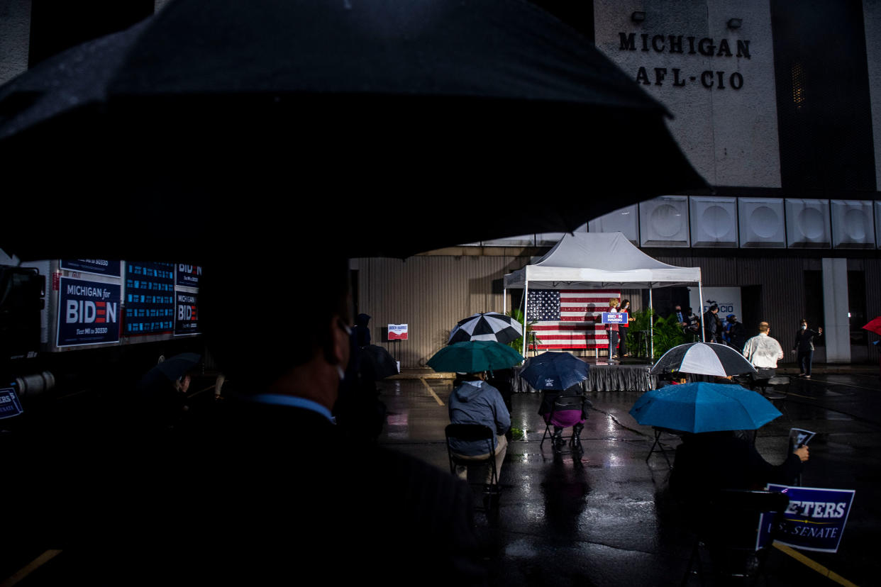 Doug Emhoff, who is the husband of Senator Kamala Harris, speaks to the crowd during his visit Michigan to campaign for Democratic presidential candidate former Vice President Joe Biden and Sen. Harris on Oct. 12, 2020 in Lansing, Mich.