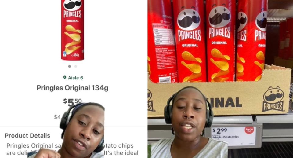 A TikTok screenshot of 'Betty' exposed the price difference on Pringle chips between Woolworths and Aldi. Source: TikTok/bethblvk