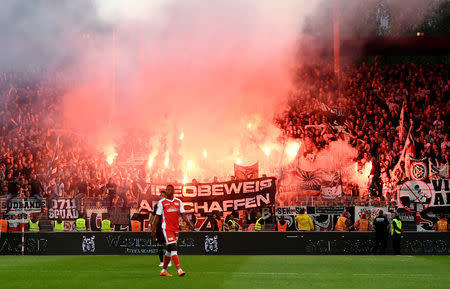 Soccer Football - Bundesliga Relegation Playoff - Union Berlin v VfB Stuttgart - Stadion An der Alten Forsterei, Berlin, Germany - May 27, 2019 VfB Stuttgart fans REUTERS/Annegret Hilse DFL regulations prohibit any use of photographs as image sequences and/or quasi-video