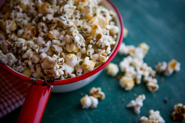 Popcorn seasoned with nutritional yeast.