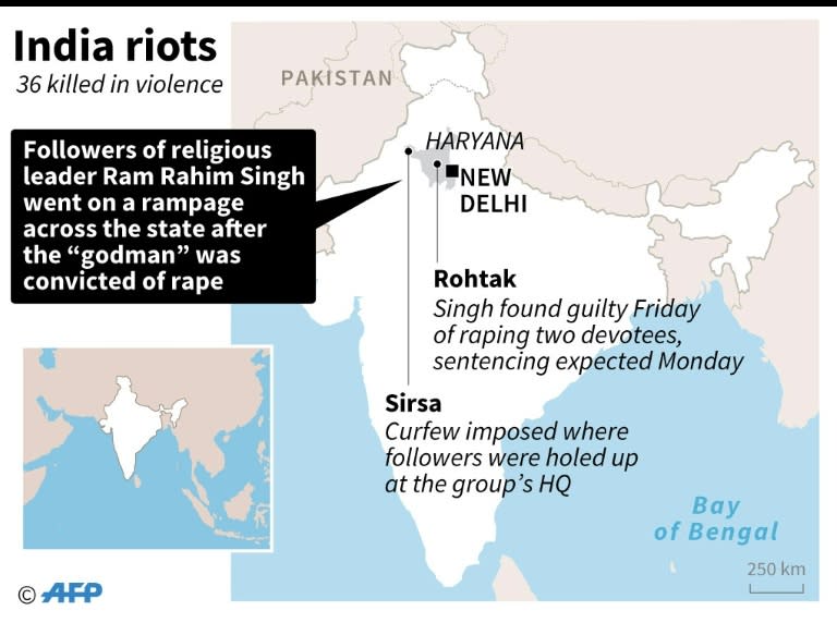 Map of India locating Haryana state, where followers of religious leader Ram Rahim Singh went on a rampage after he was convicted of rape