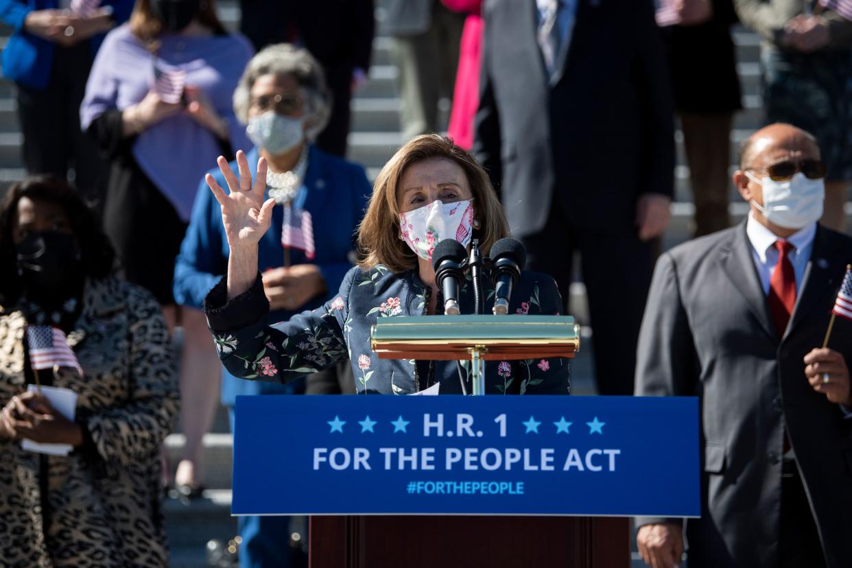 Speaker of the House Nancy Pelosi (D-Calif.) speaks during a news conference with other House Democrats to discuss H.R. 1, the For the People Act, ahead of its passage in the House on March 3. (Photo: Caroline Brehman via Getty Images)