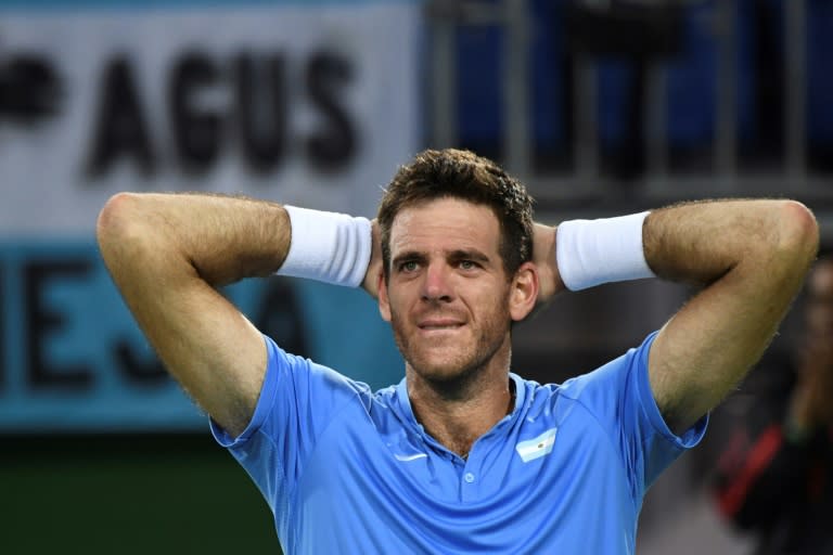 Argentina's Juan Martin Del Potro celebrates after winning his men's singles quarter-finals match against Spain's Roberto Bautista Agut on August 12, 2016