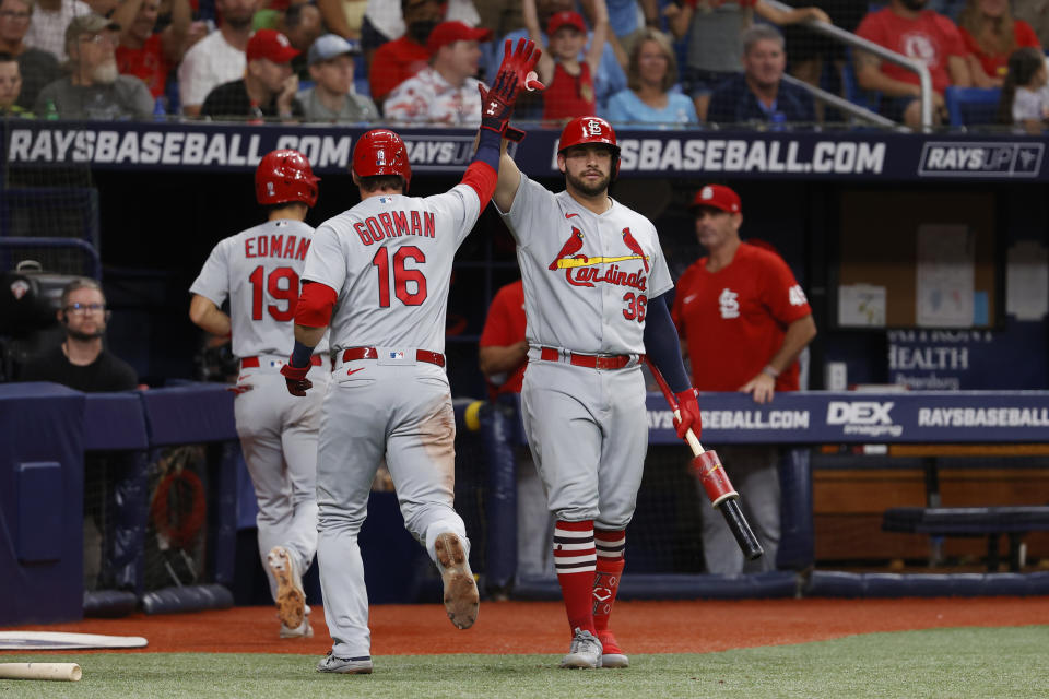 St. Louis Cardinals' Nolan Gorman (16) celebrates with Juan Yepez after scoring against the Tampa Bay Rays during the sixth inning of a baseball game Wednesday, June 8, 2022, in St. Petersburg, Fla. (AP Photo/Scott Audette)