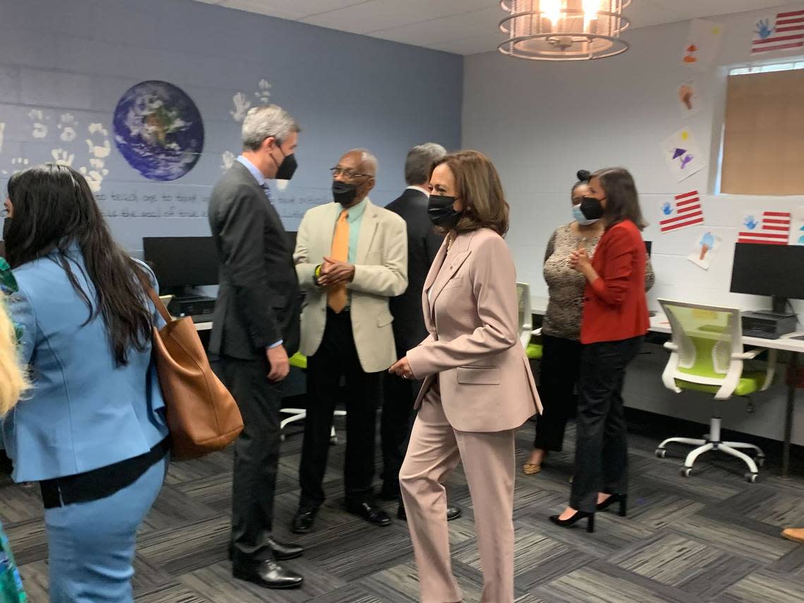 Vice President Kamala Harris says goodbye to Affordable Connectivity Program beneficiaries at the Carole Hoefener Center, Thursday, July 21, 2022.