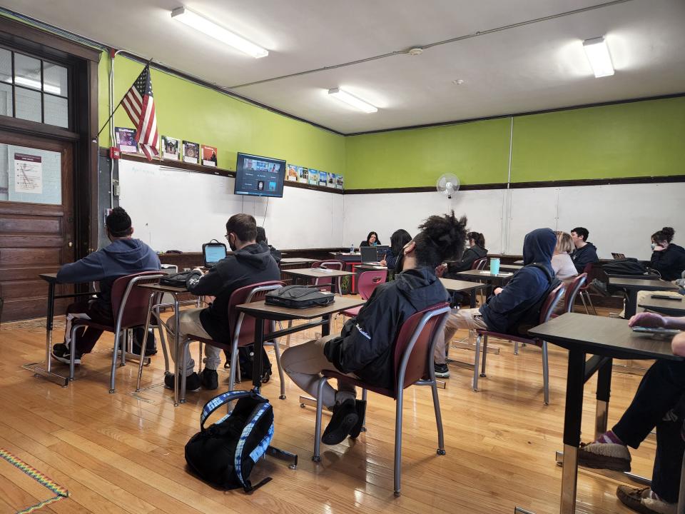 Global Learning Charter School students in Erin Kochanek's U.S. history class wait for a virtual conference with UMass Dartmouth professor, author and researcher Dr. Brian Glynn Williams on the war in Ukraine.