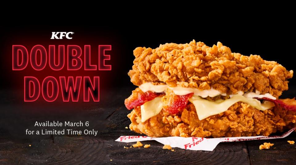 The KFC Double Down Sandwich is coming back March 6. The menu item, which is made of two Extra Crispy white meat chicken filets, two slices of cheese and two pieces of bacon, last made an appearance a decade ago.