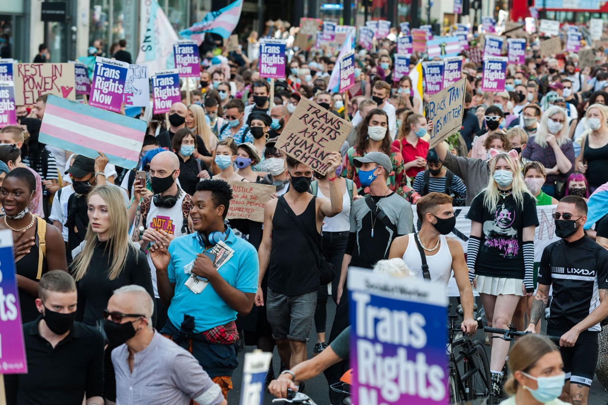 Transgender people and their supporters march through central London during the second Trans Pride protest march for equality on Sept. 12, 2020 in London, England.