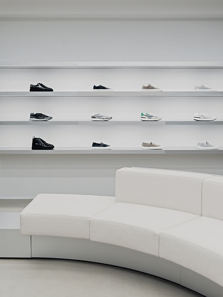 The footwear offering inside John Elliott’s new Madison Avenue flagship. - Credit: Paulo Rafael