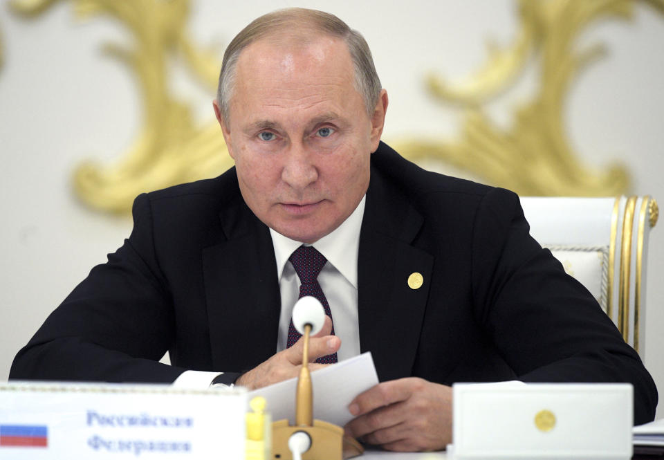 Russian President Vladimir Putin speaks at the Summit of leaders from the Commonwealth of Independent States (CIS) in Ashgabat, Turkmenistan, Friday, Oct. 11, 2019. (Alexei Druzhinin, Sputnik, Kremlin Pool Photo via AP)