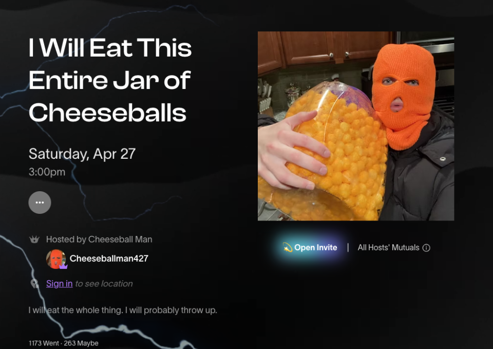 Event flyer with text: "I Will Eat This Entire Jar of Cheeseballs" for Apr 27, man in orange ski mask holding cheeseballs