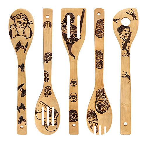 Star War Burned Wooden Spoons Utensil Set Gift Idea Cooking Serving Utensils Natural Bamboo Kitchen House Warming Presents Slotted Spoon 5 Piece