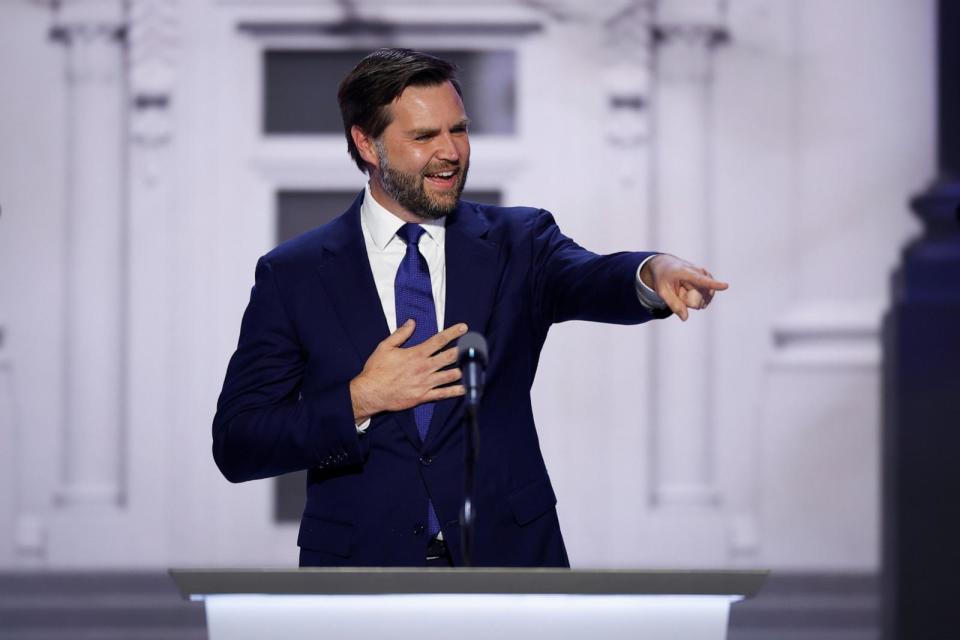 PHOTO: Republican vice presidential candidate, U.S. Sen. J.D. Vance (R-OH) speaks on stage  on the third day of the Republican National Convention on July 17, 2024 in Milwaukee, Wis. (Chip Somodevilla/Getty Images)