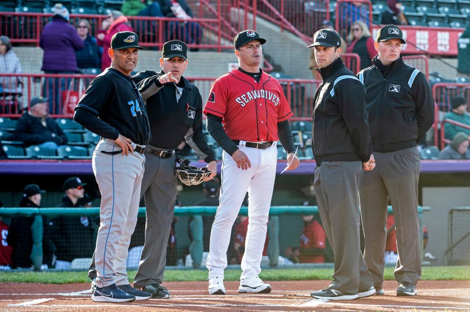 Erie SeaWolves manager Gabe Alvarez, center, is able to bring his own experience as a major and minor league player to bear on managing his team.